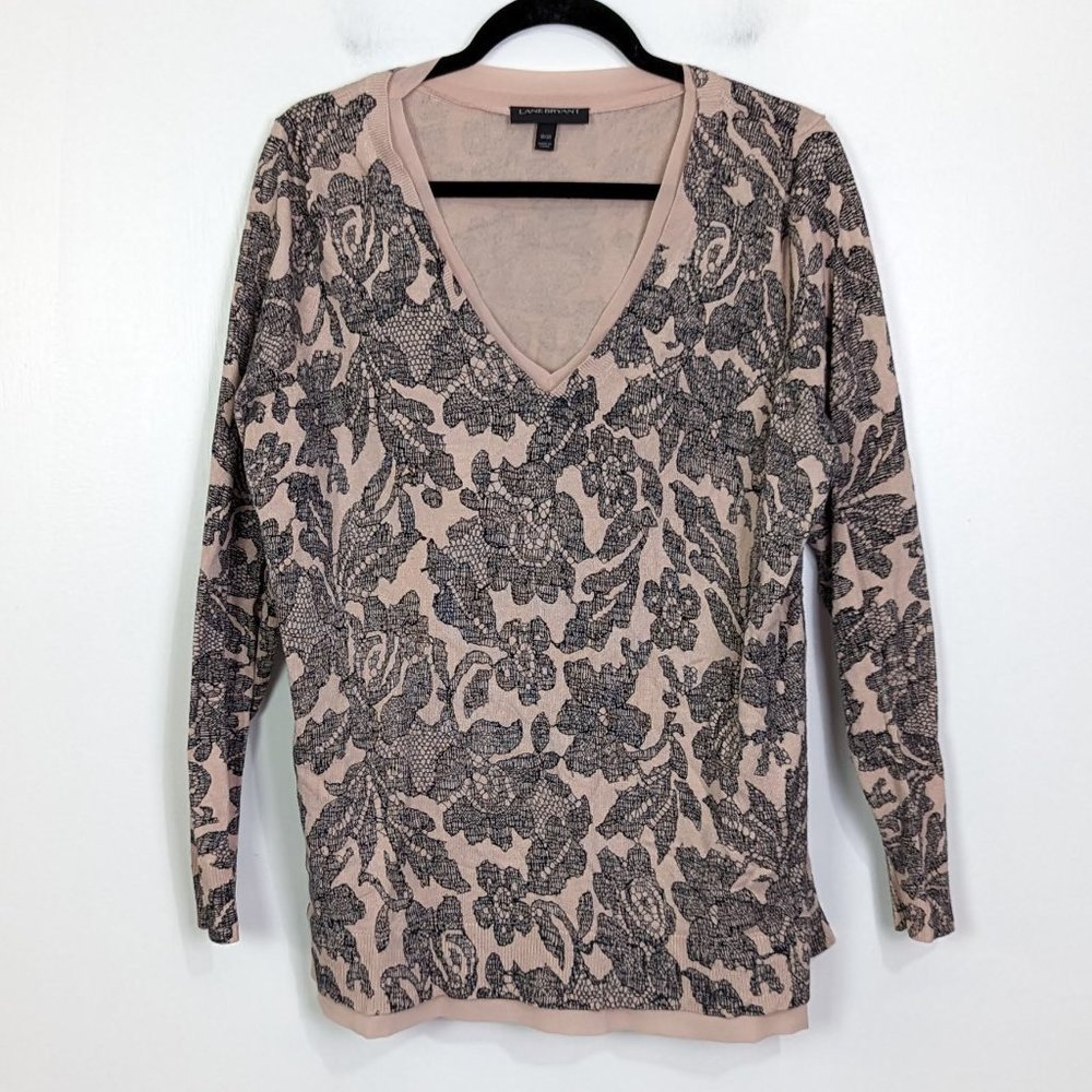 Lane Bryant Blush Sweater with Black Lace Print Chiffon Trim Sweater Size 18/20